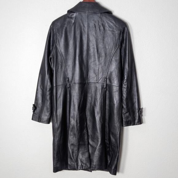 Tibor Leathers Trench Coat Genuine Leather Double Breasted Black Size M Mobwife - Picture 2 of 16